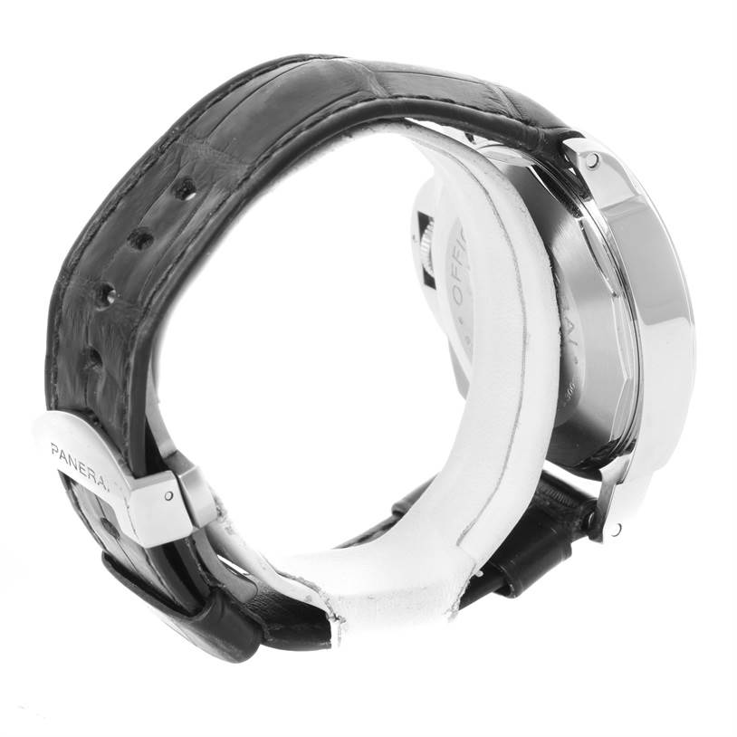 The image shows the side and back view of a Panerai Luminor PAM00090 Men's Stainless Steel Black Dial PAM00090 Men's Stainless Steel Black Dial watch with its leather strap and clasp.