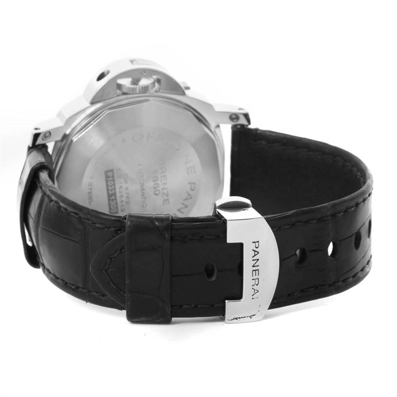 This image shows the back view of a Panerai Luminor PAM00090 Men's Stainless Steel Black Dial PAM00090 Men's Stainless Steel Black Dial watch, including its leather strap and clasp.