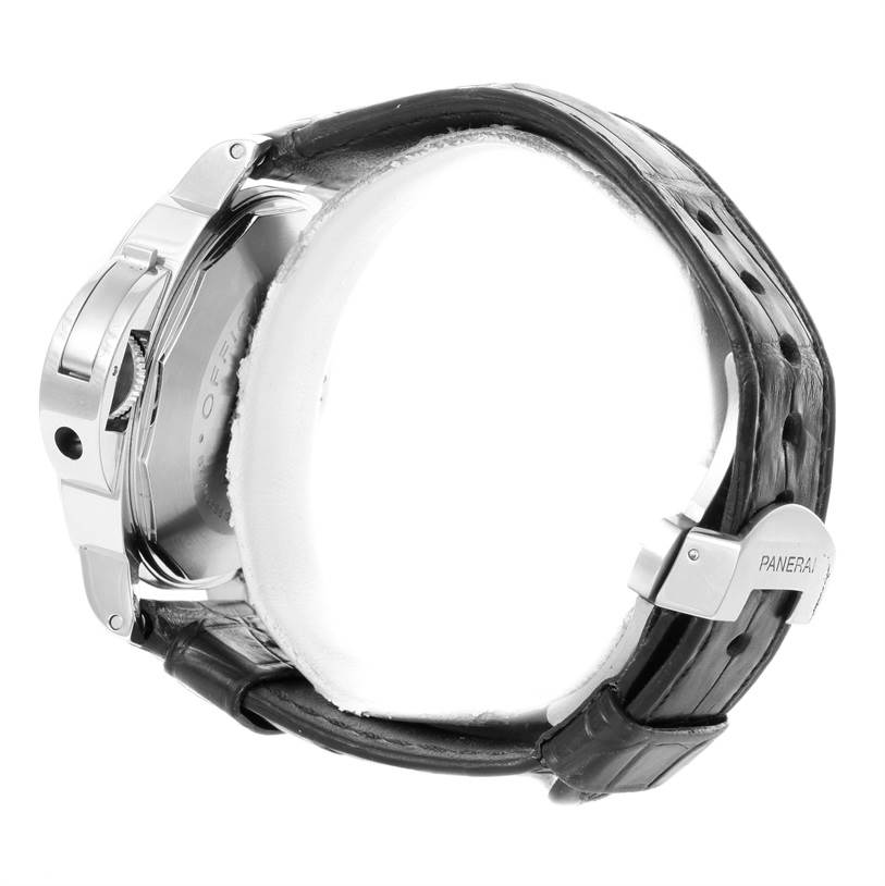 The image shows a side view of a Panerai Luminor PAM00090 Men's Stainless Steel Black Dial PAM00090 Men's Stainless Steel Black Dial watch, focusing on the case, crown guard, and part of the leather strap.