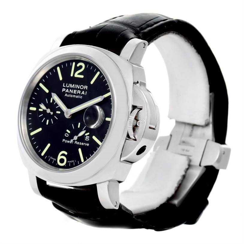 The image shows a Panerai Luminor PAM00090 Men's Stainless Steel Black Dial PAM00090 Men's Stainless Steel Black Dial watch at an angle displaying its face, case, and part of the leather strap.