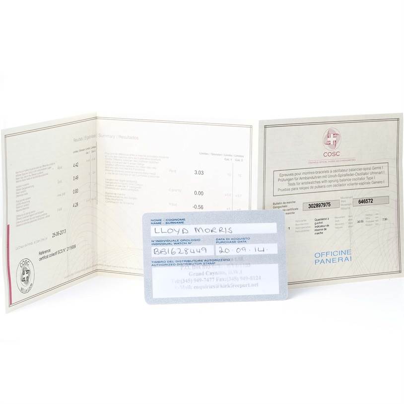 The image shows documentation and certificates for a Panerai Luminor PAM00090 Men's Stainless Steel Black Dial PAM00090 Men's Stainless Steel Black Dial watch.