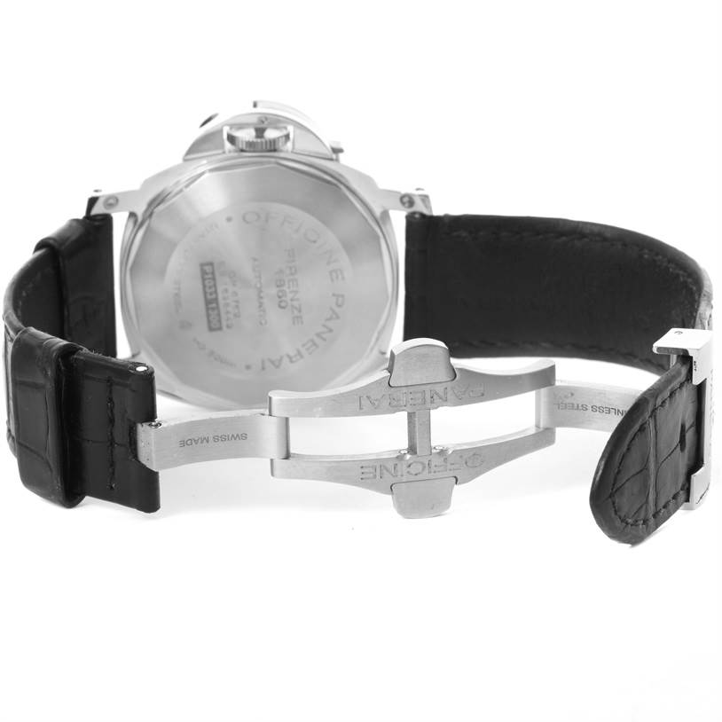 This image shows the back and clasp of a Panerai Luminor PAM00090 Men's Stainless Steel Black Dial PAM00090 Men's Stainless Steel Black Dial watch, displaying its stainless steel case and black leather strap.