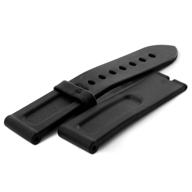 This image shows a black rubber watch strap for a Luminor model by Panerai, displaying both parts of the strap.