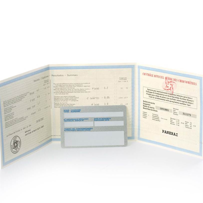 This image shows warranty and certification papers for the Panerai Luminor PAM00113 Men's Stainless Steel White Dial PAM00113 Men's Stainless Steel White Dial watch model.