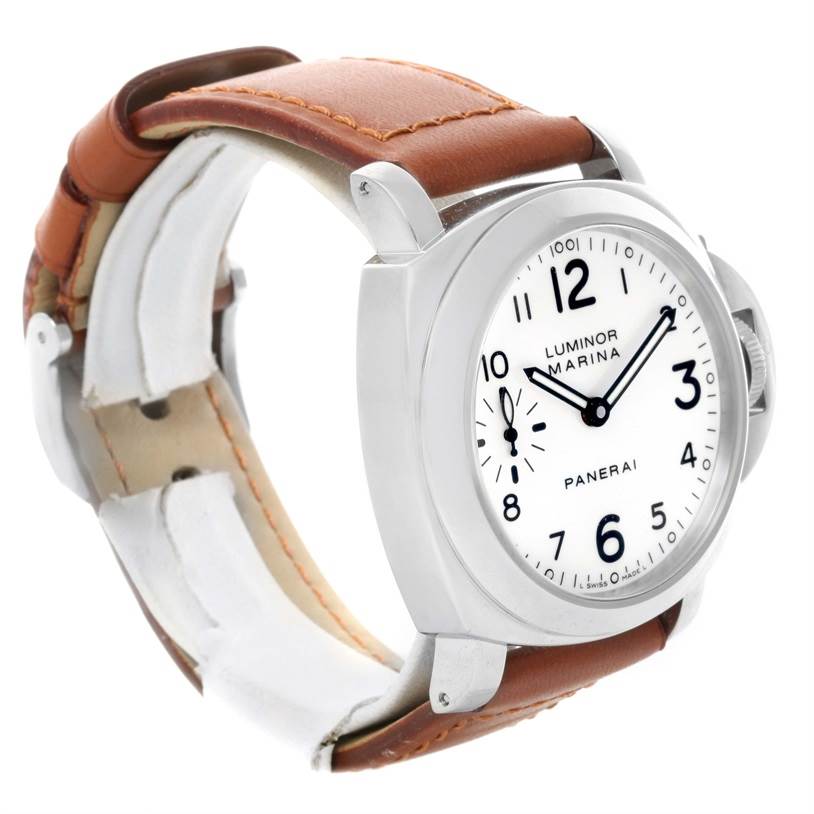 The image shows a Panerai Luminor PAM00113 Men's Stainless Steel White Dial PAM00113 Men's Stainless Steel White Dial Marina watch at a slight angle, highlighting the white dial and brown leather strap.