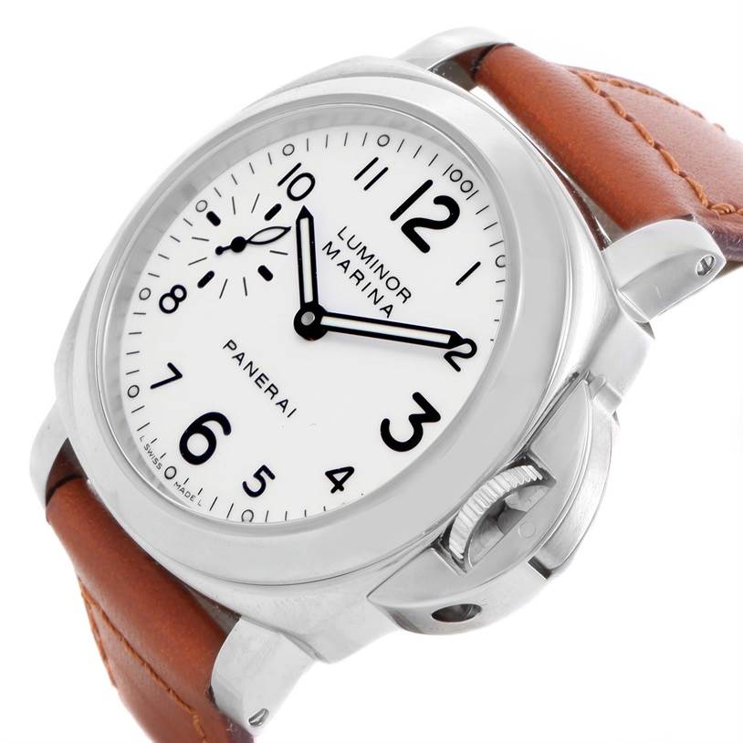 The Panerai Luminor PAM00113 Men's Stainless Steel White Dial PAM00113 Men's Stainless Steel White Dial watch is shown at a slight angle, featuring its dial, crown guard, and brown leather strap.