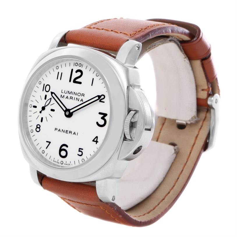 The image shows a Panerai Luminor PAM00113 Men's Stainless Steel White Dial PAM00113 Men's Stainless Steel White Dial watch at a front-left angle, highlighting its face and brown leather strap.