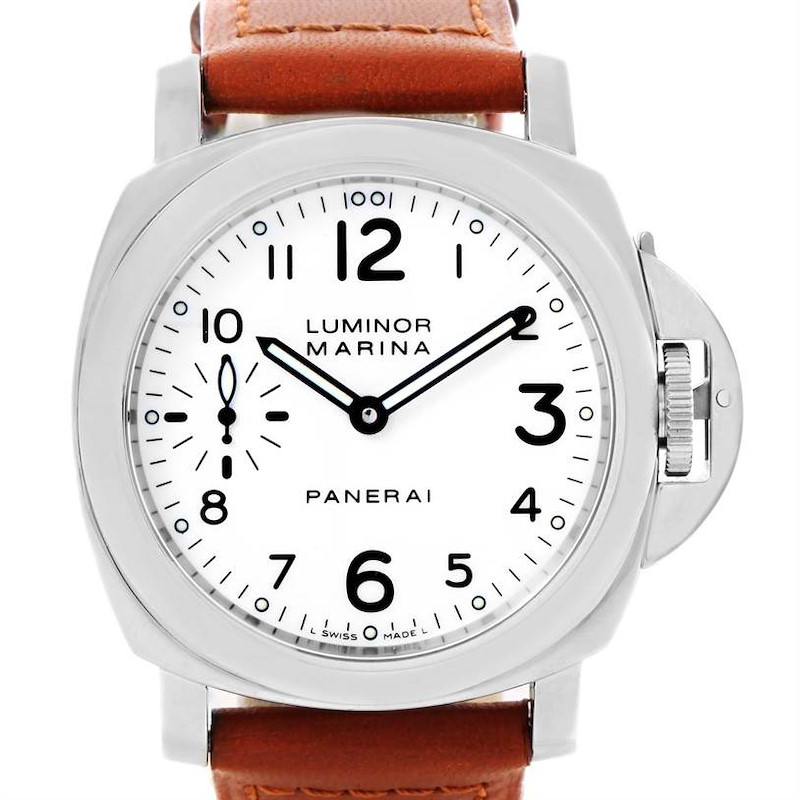 The image shows a front view of a Panerai Luminor Marina watch with a brown leather strap.