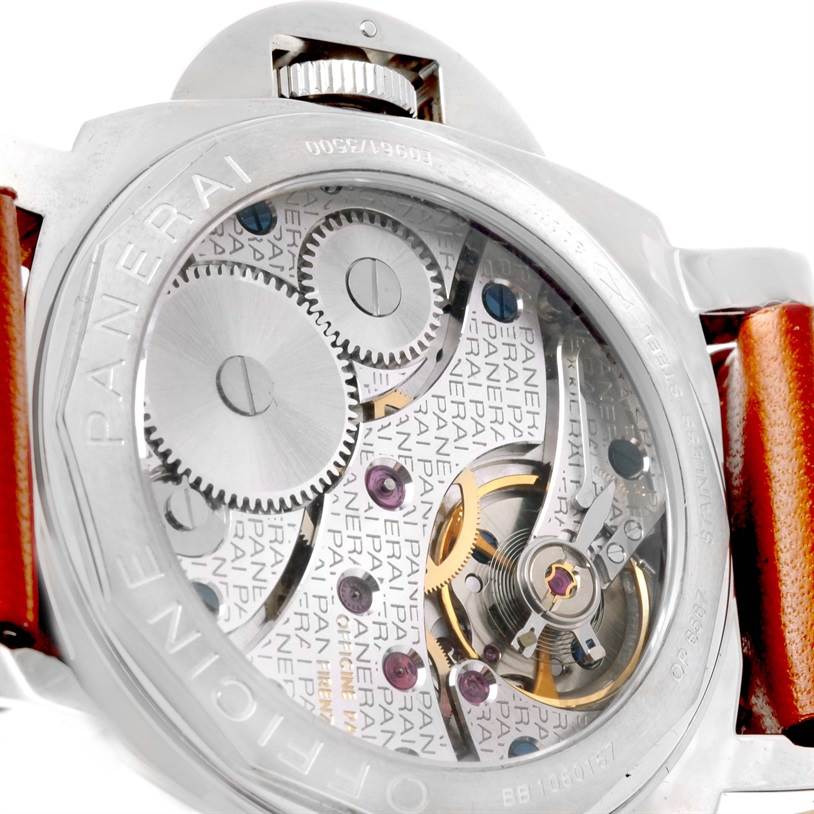 This image shows the open case back of a Panerai Luminor PAM00113 Men's Stainless Steel White Dial PAM00113 Men's Stainless Steel White Dial watch, revealing its intricate mechanical movement.