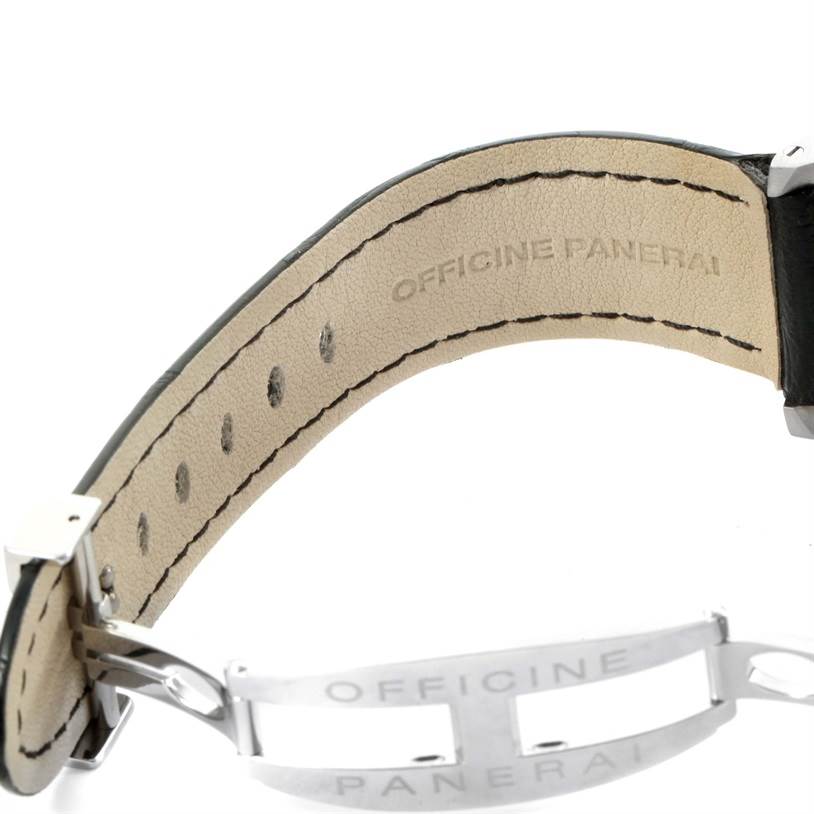 The image shows the underside of a Panerai Luminor PAM00049 Men's Stainless Steel White Dial PAM00049 Men's Stainless Steel White Dial watch strap and part of the clasp.