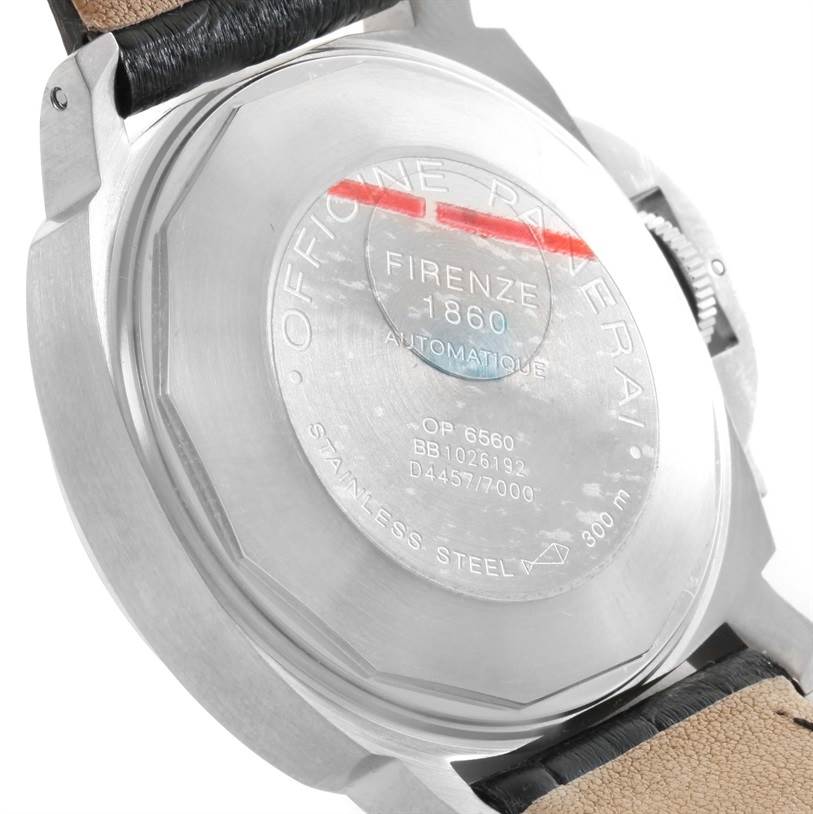 This image shows the back of a Panerai Luminor PAM00049 Men's Stainless Steel White Dial PAM00049 Men's Stainless Steel White Dial watch, highlighting the engraved details and leather strap.