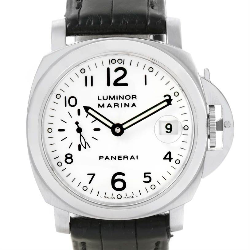 The image shows a front view of a Panerai Luminor PAM00049 Men's Stainless Steel White Dial PAM00049 Men's Stainless Steel White Dial watch, displaying the dial, hands, date window, and crown protector.