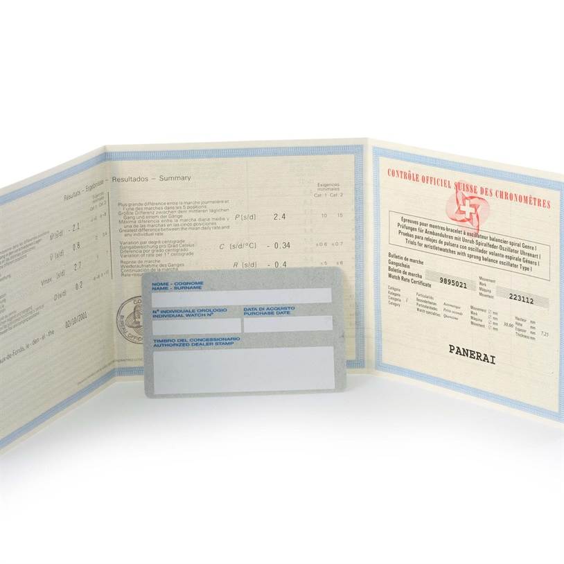 The image shows the certification documents and warranty card for the Panerai Luminor PAM00049 Men's Stainless Steel White Dial PAM00049 Men's Stainless Steel White Dial watch.