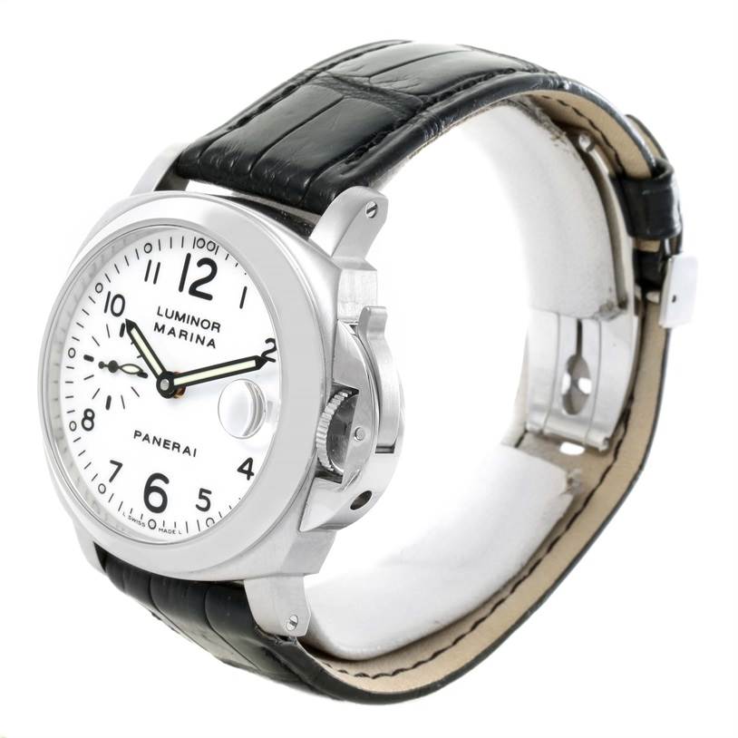 The image shows a side angle of a Panerai Luminor PAM00049 Men's Stainless Steel White Dial PAM00049 Men's Stainless Steel White Dial watch, featuring the face, crown guard, and leather strap.