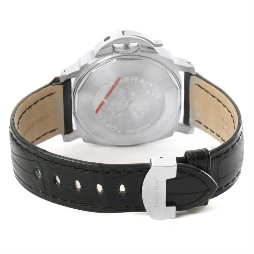 The image shows the back case, strap, and buckle of a Panerai Luminor PAM00049 Men's Stainless Steel White Dial PAM00049 Men's Stainless Steel White Dial watch from a rear angle.