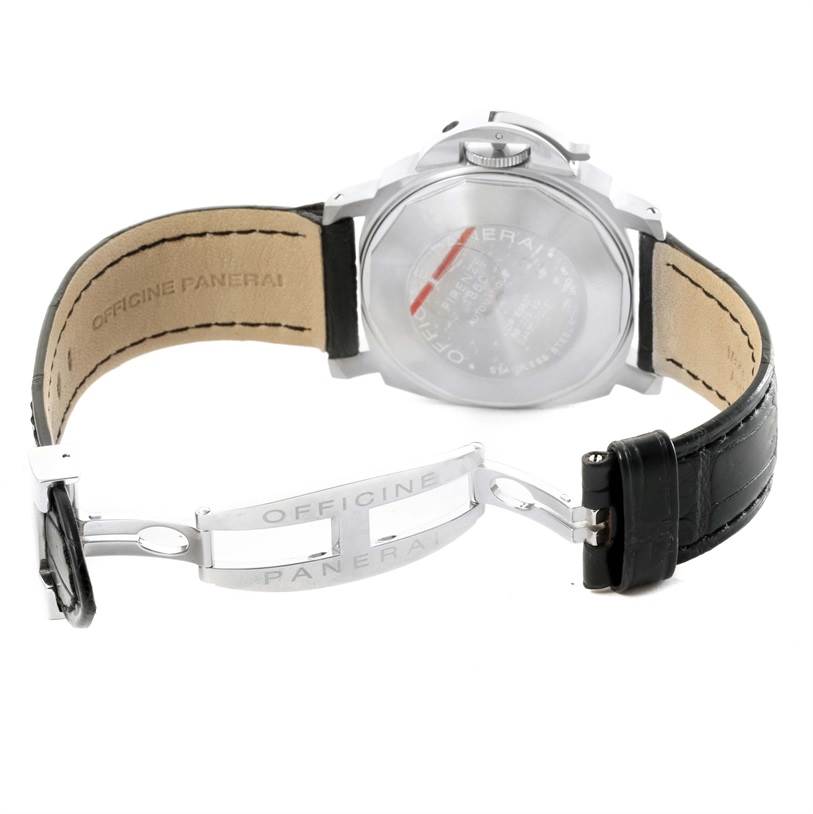 The image shows the back view of a Panerai Luminor PAM00049 Men's Stainless Steel White Dial PAM00049 Men's Stainless Steel White Dial watch with "OFFICINE PANERAI" engraved on the clasp of the leather strap.