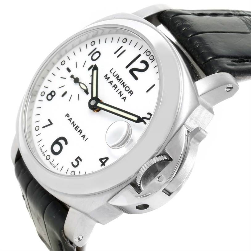 The image shows a Panerai Luminor PAM00049 Men's Stainless Steel White Dial PAM00049 Men's Stainless Steel White Dial Marina watch from a front angle highlighting the dial, crown guard, and leather strap.