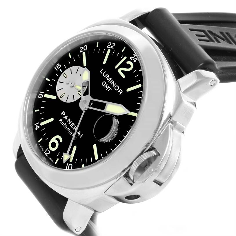 The image shows a Panerai Luminor PAM00088 Men's Stainless Steel Black Dial PAM00088 Men's Stainless Steel Black Dial GMT watch from an angled view, highlighting the dial, casing, and rubber strap.