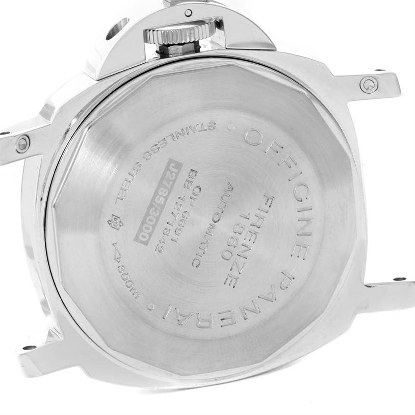 This image shows the back case and crown of a Panerai Luminor PAM00088 Men's Stainless Steel Black Dial PAM00088 Men's Stainless Steel Black Dial watch.