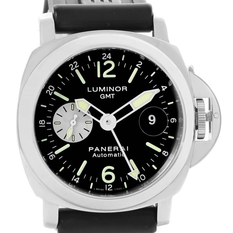 The image shows a front view of the Panerai Luminor PAM00088 Men's Stainless Steel Black Dial PAM00088 Men's Stainless Steel Black Dial GMT watch, highlighting the dial, hands, crown guard, and rubber strap.