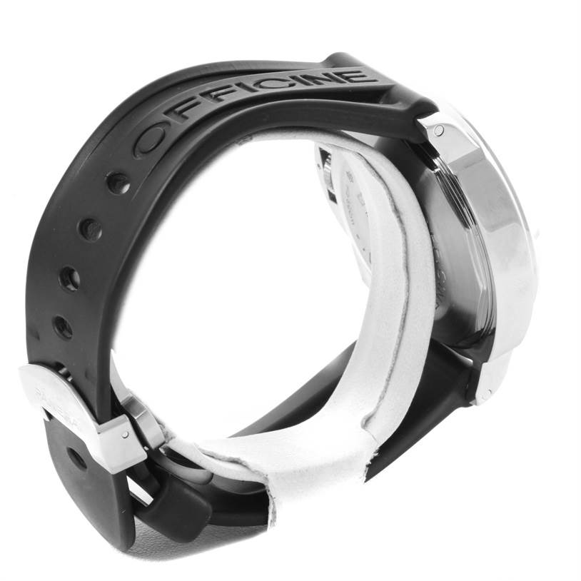 This image shows the side view of a Panerai Luminor PAM00088 Men's Stainless Steel Black Dial PAM00088 Men's Stainless Steel Black Dial watch, highlighting its case and black rubber strap.