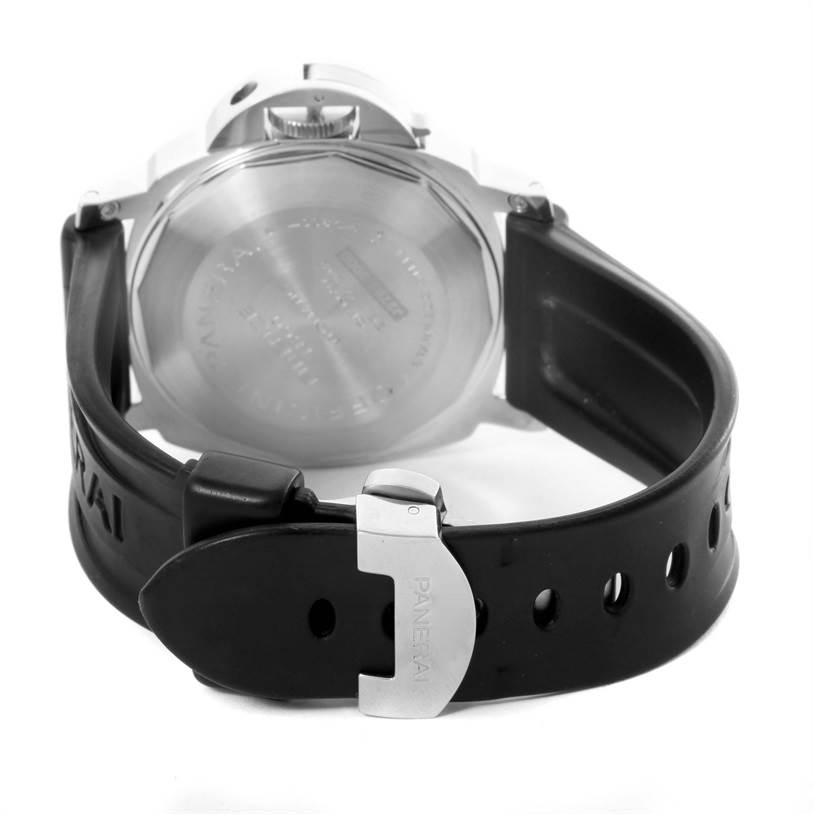 The image shows the back case and strap of a Panerai Luminor PAM00088 Men's Stainless Steel Black Dial PAM00088 Men's Stainless Steel Black Dial watch from a rear angle.