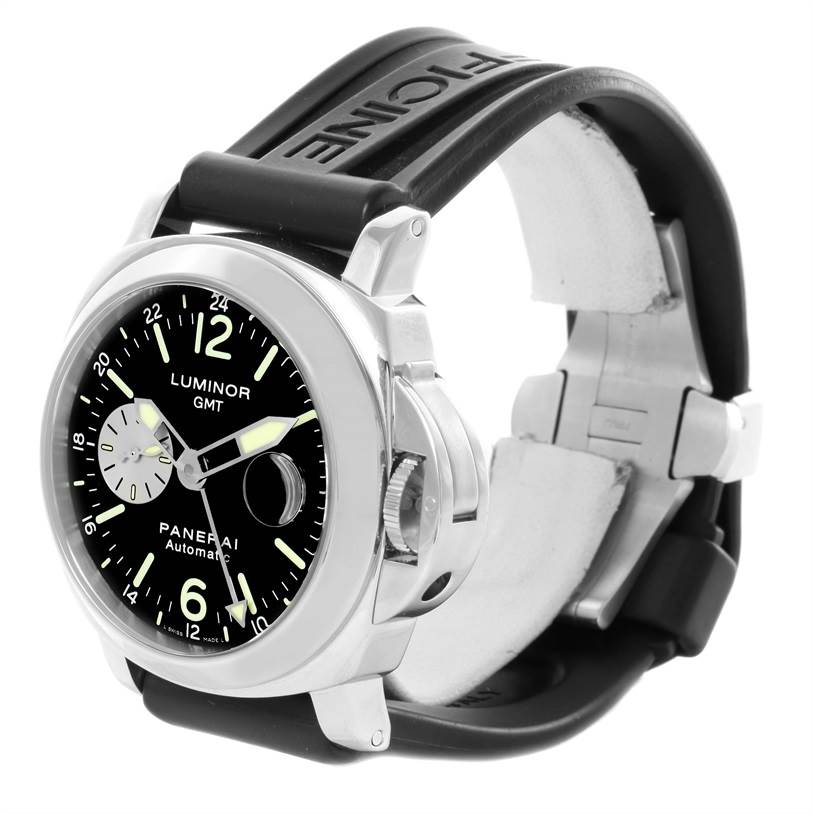 The image shows a side angle of a Panerai Luminor PAM00088 Men's Stainless Steel Black Dial PAM00088 Men's Stainless Steel Black Dial watch, highlighting its face, bezel, and rubber strap with buckle.