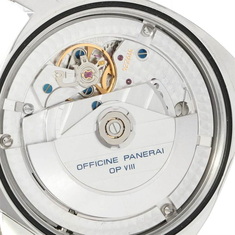 This image shows the intricate internal mechanism of a Panerai Luminor PAM00088 Men's Stainless Steel Black Dial PAM00088 Men's Stainless Steel Black Dial watch model with "Officine Panerai OP VIII" engraving.