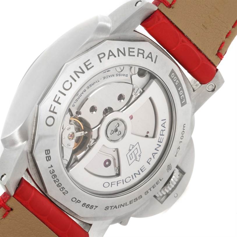 This image shows the back of the Panerai Luminor PAM00270 Men's Stainless Steel Black Dial PAM00270 Men's Stainless Steel Black Dial watch, highlighting its transparent case back and internal mechanism.