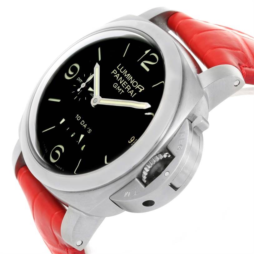 The image shows a Panerai Luminor PAM00270 Men's Stainless Steel Black Dial PAM00270 Men's Stainless Steel Black Dial watch at an angle displaying its black dial, red strap, and crown guard.