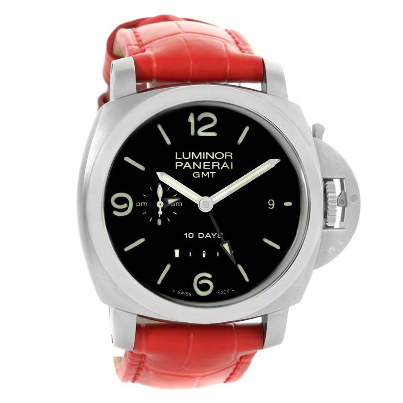 The image shows a front view of the Panerai Luminor PAM00270 Men's Stainless Steel Black Dial PAM00270 Men's Stainless Steel Black Dial GMT watch with a red leather strap.