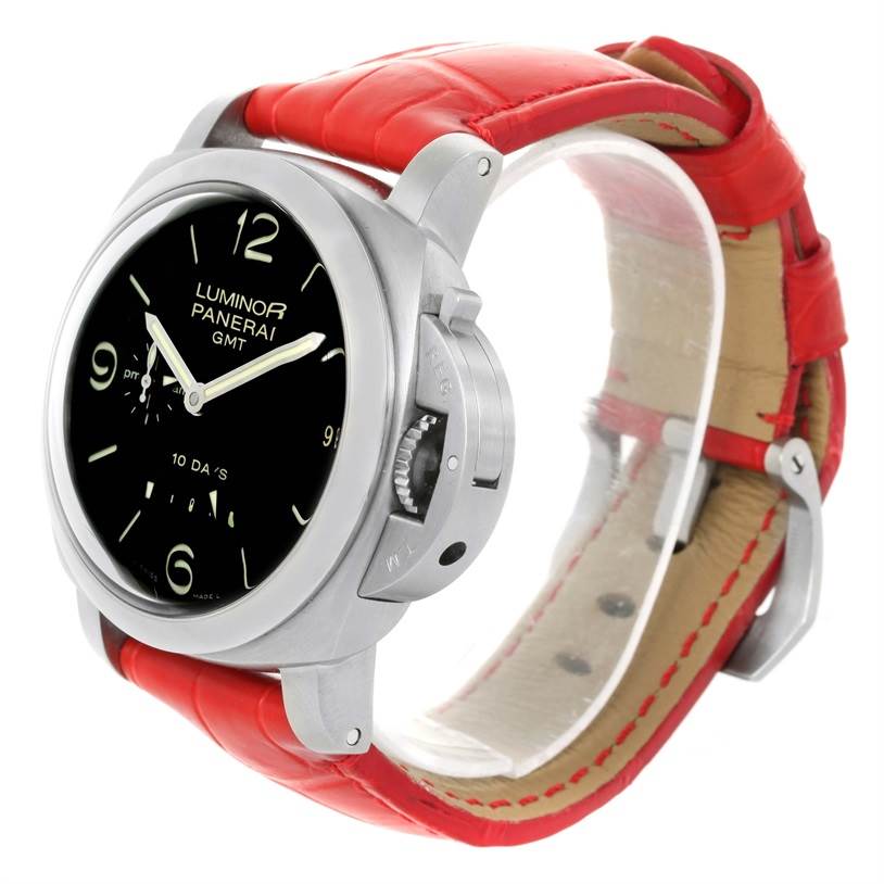 This Panerai Luminor PAM00270 Men's Stainless Steel Black Dial PAM00270 Men's Stainless Steel Black Dial watch is shown from a three-quarter view, highlighting its red leather strap, black dial, and crown guard.