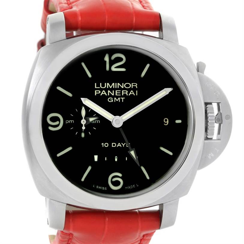 The image shows a front view of a Panerai Luminor PAM00270 Men's Stainless Steel Black Dial PAM00270 Men's Stainless Steel Black Dial GMT watch with a red leather strap.