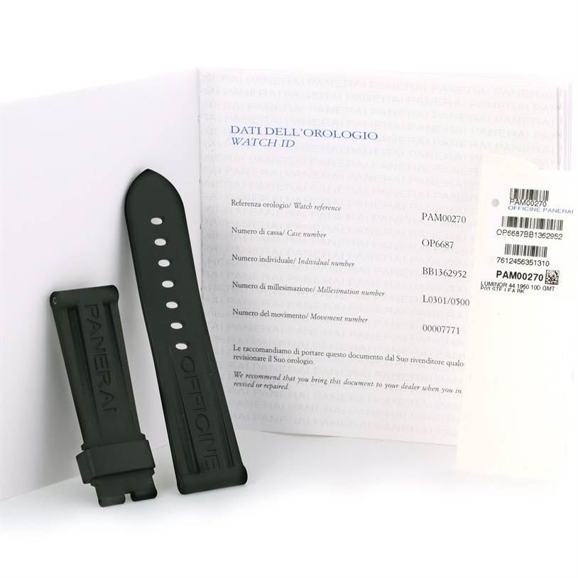The image shows a replacement black strap and authentication papers for a Panerai Luminor PAM00270 Men's Stainless Steel Black Dial PAM00270 Men's Stainless Steel Black Dial watch model PAM00270.