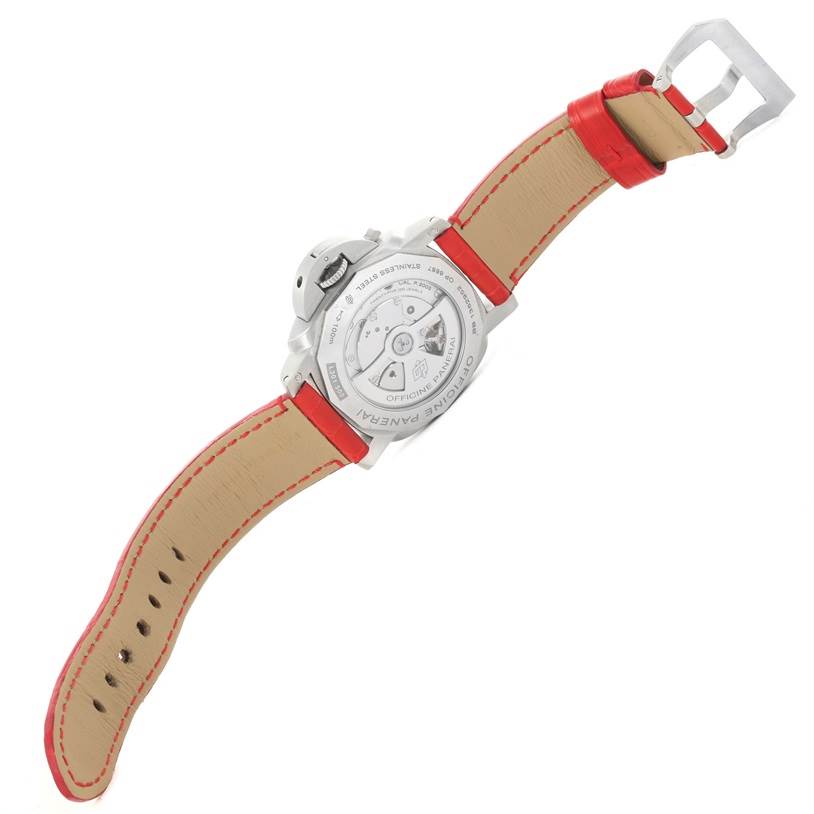 The image shows the back view of a Panerai Luminor PAM00270 Men's Stainless Steel Black Dial PAM00270 Men's Stainless Steel Black Dial watch, displaying its case back and partially open red leather strap.