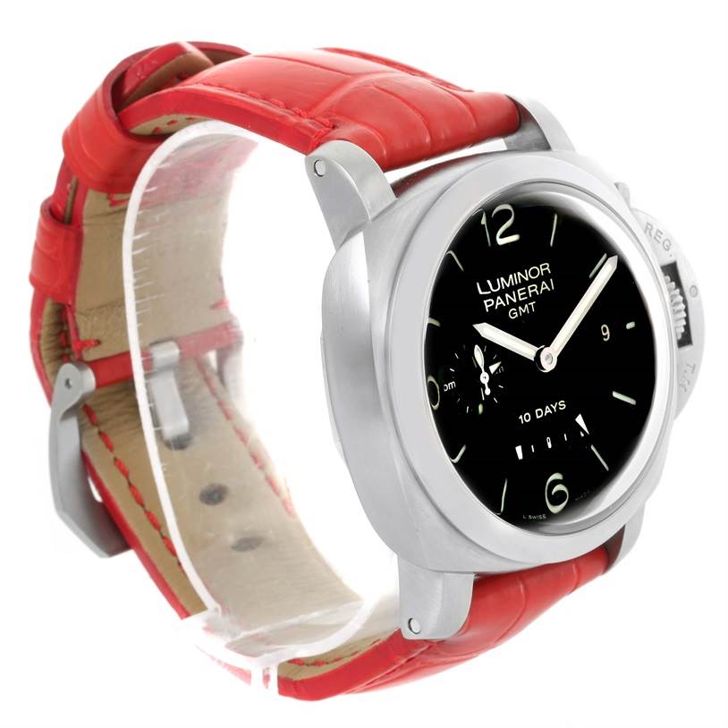 This image shows the front and side view of a Panerai Luminor PAM00270 Men's Stainless Steel Black Dial PAM00270 Men's Stainless Steel Black Dial model watch, featuring a red leather strap and a black dial.