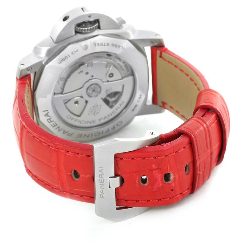 The image shows the back view of a Panerai Luminor PAM00270 Men's Stainless Steel Black Dial PAM00270 Men's Stainless Steel Black Dial watch, highlighting its open case back and red leather strap with the buckle.