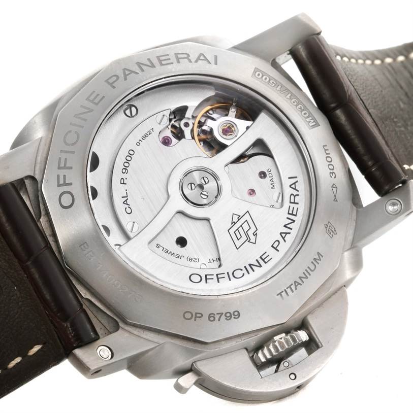 This image shows the back of a Panerai Luminor PAM00351 Men
s Titanium Brown Dial PAM00351 Men
s Titanium Brown Dial watch, displaying the movement and internal mechanisms.