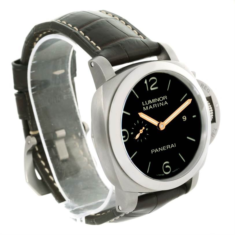 The image shows a Panerai Luminor PAM00351 Men
s Titanium Brown Dial PAM00351 Men
s Titanium Brown Dial watch at a side angle, displaying its dial, case, and leather strap.