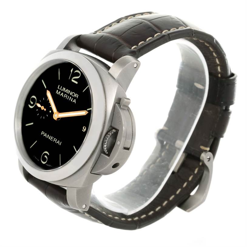 The image shows a side angle of the Panerai Luminor PAM00351 Men
s Titanium Brown Dial PAM00351 Men
s Titanium Brown Dial watch, highlighting the dial, crown guard, and leather strap.