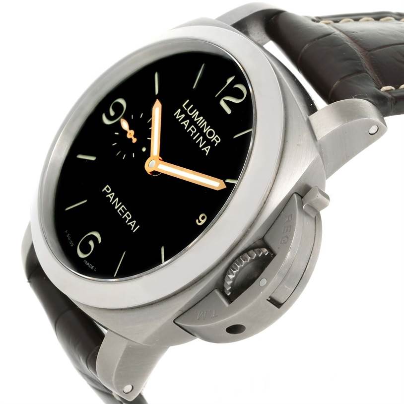 The image shows a Panerai Luminor PAM00351 Men
s Titanium Brown Dial PAM00351 Men
s Titanium Brown Dial Marina watch, angled to display the face, crown guard, and leather strap.