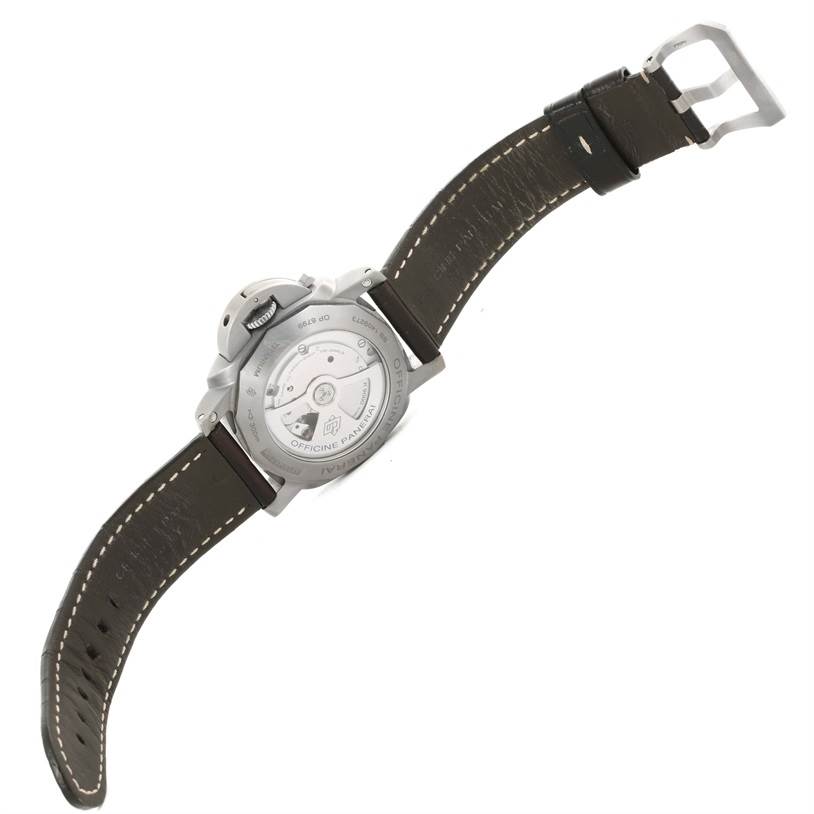 The image shows the back view of the Panerai Luminor PAM00351 Men
s Titanium Brown Dial PAM00351 Men
s Titanium Brown Dial watch, highlighting its case back and leather strap.
