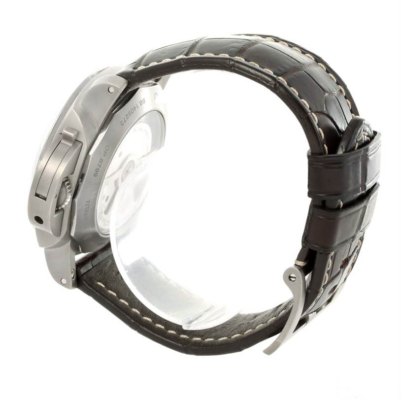 This image shows the side view of the Panerai Luminor PAM00351 Men
s Titanium Brown Dial PAM00351 Men
s Titanium Brown Dial watch, focusing on the buckle, strap, and crown guard.