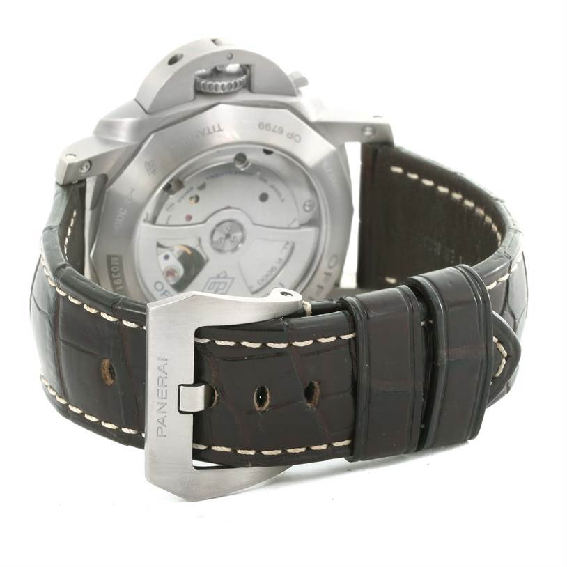 This image shows the back view of a Panerai Luminor PAM00351 Men
s Titanium Brown Dial PAM00351 Men
s Titanium Brown Dial watch, highlighting its case back and leather strap with a metal buckle.