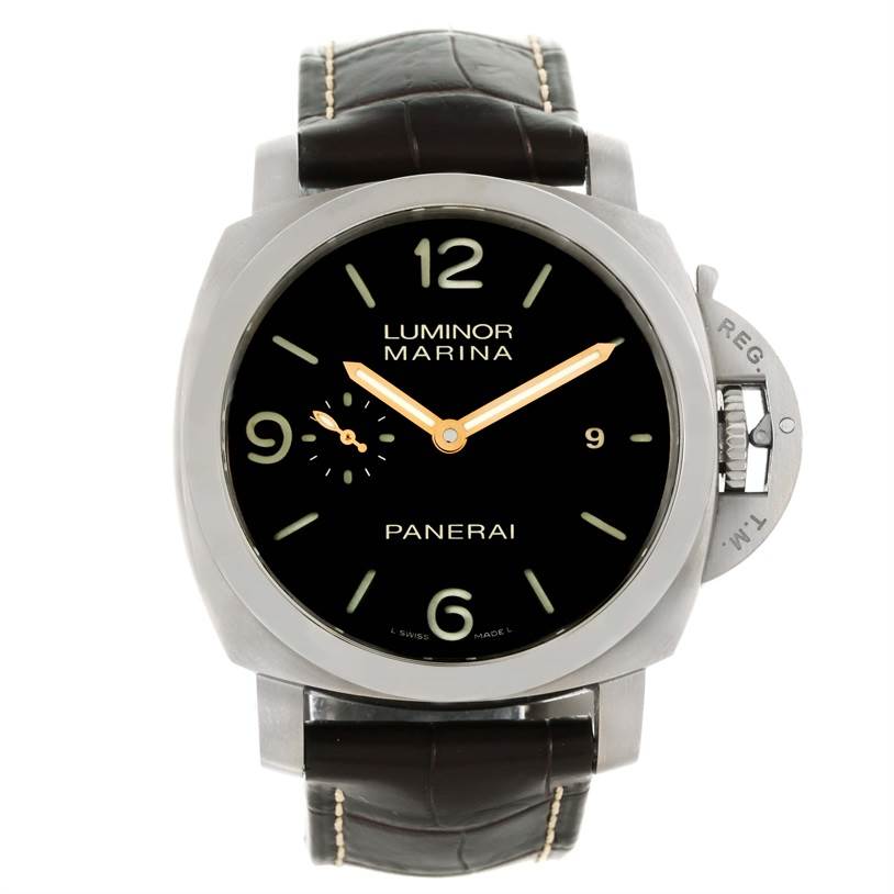 This is a front view of the Panerai Luminor PAM00351 Men
s Titanium Brown Dial PAM00351 Men
s Titanium Brown Dial watch showing its face, dial, and leather strap.