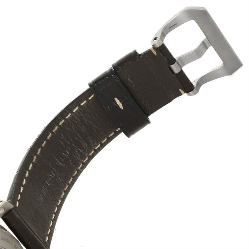 The image shows the leather strap and buckle of a Panerai Luminor PAM00351 Men
s Titanium Brown Dial PAM00351 Men
s Titanium Brown Dial watch at an angled close-up view.