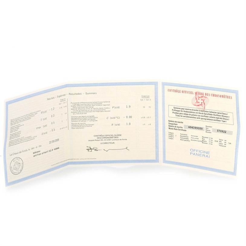 The image shows a certificatation booklet for a Luminor model by Panerai, seen from above.