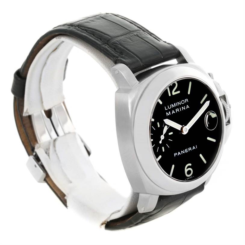 The image shows a side view of a Panerai Luminor PAM00048 Men's Stainless Steel Black Dial PAM00048 Men's Stainless Steel Black Dial Marina watch, highlighting its black leather strap and black dial.