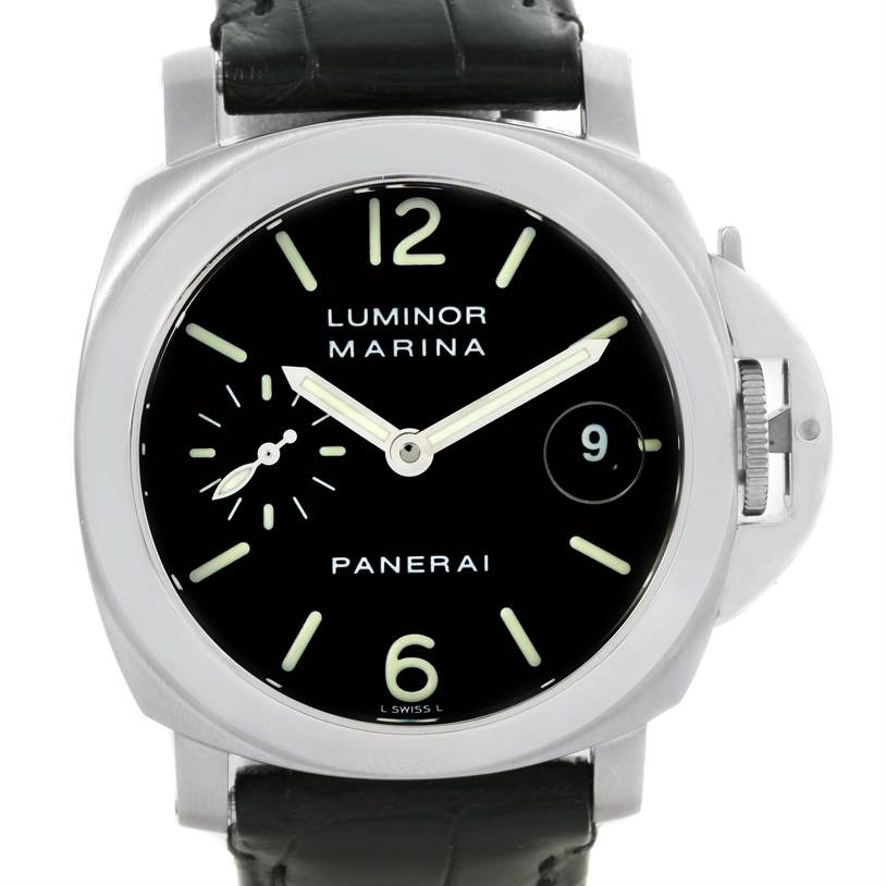 The image shows a front view of a Panerai Luminor PAM00048 Men's Stainless Steel Black Dial PAM00048 Men's Stainless Steel Black Dial Marina watch, displaying its black dial, luminescent hands, and distinctive crown guard.