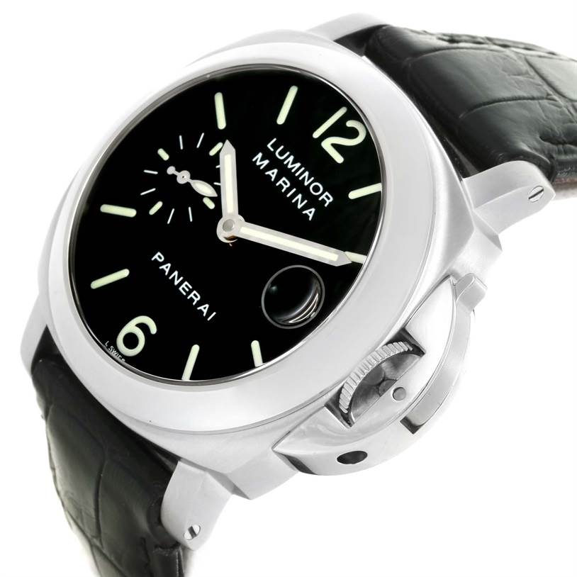 The image shows an angled view of a Panerai Luminor PAM00048 Men's Stainless Steel Black Dial PAM00048 Men's Stainless Steel Black Dial Marina watch, detailing the dial, crown, and part of the strap.